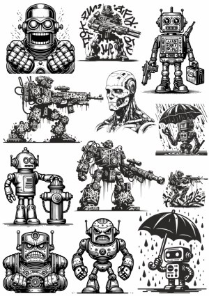 Monochrome Robot and Cyborg Character Vector Set Free Vector