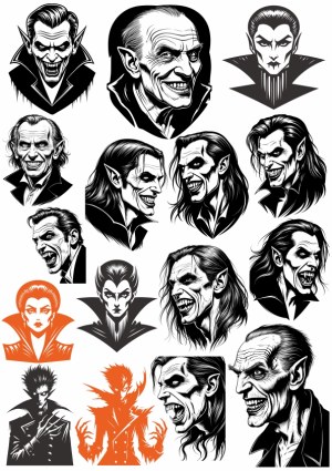 Set of Black and Orange Vampire Character Portraits Free Vector