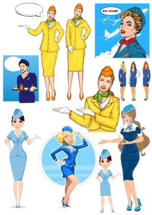 Collection of Vintage and Modern Female Flight Attendant Vector Illustrations Free Vector