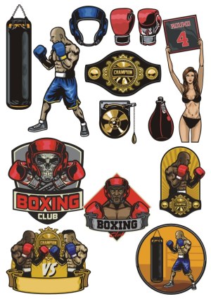 Boxing Sport Vector Collection with Fighters, Gloves, and Championship Badges Free Vector