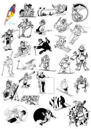 Collection of Black and White Skiing and Snowboarding Vector Illustrations Free Vector