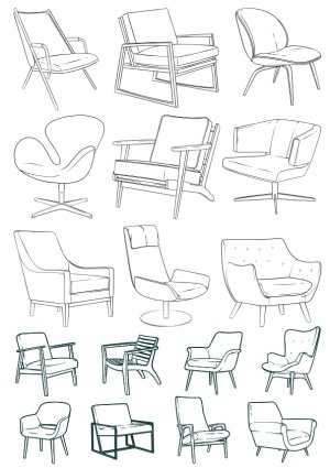Collection of Hand-Drawn Line Art Lounge Chairs Free Vector
