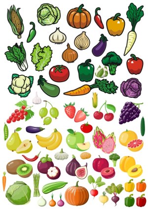 Colorful Assortment of Fruits and Vegetables Vector Set Free Vector