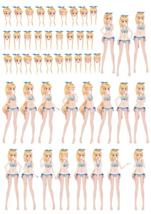 Anime Blonde Girl Character Sprites in Blue Bikini with Various Expressions and Poses Free Vector