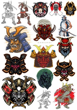 Collection of Samurai Warriors and Masks Vector Illustrations Free Vector