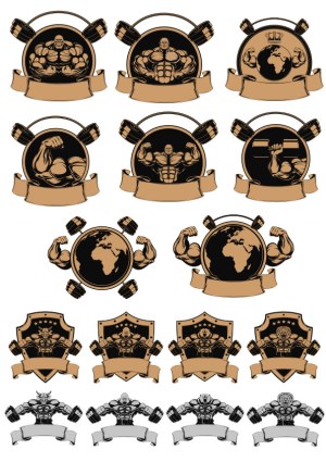 Set of Muscle Builder and Fitness Emblems with Dumbbells and Earth Globe Free Vector