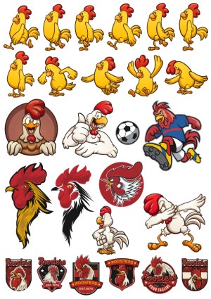 Set of Rooster Cartoon Characters and Sports Logos Free Vector