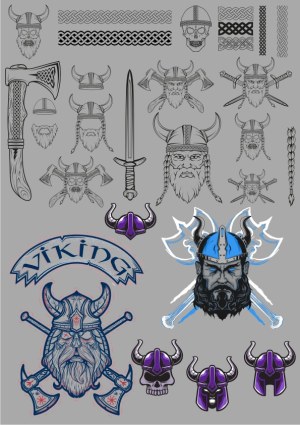 Viking Themed Vector Illustration Set with Helmets, Axes, Weapons, and Norse Patterns Free Vector
