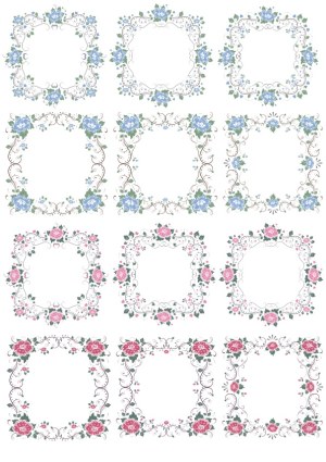 Vintage Floral Square and Circular Borders with Blue and Pink Roses Free Vector