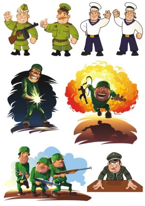 Cartoon Soldiers and Sailors Military Characters with Explosions and Combat Scenes Free Vector