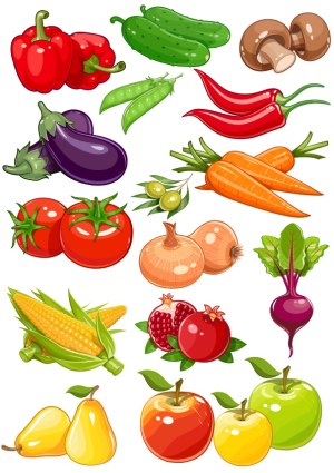 Colorful Cartoon Vegetables and Fruits Vector Collection Free Vector