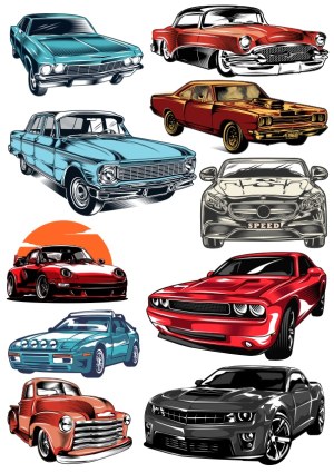 Collection of Vintage and Modern Classic Muscle Cars Vector Illustrations Free Vector