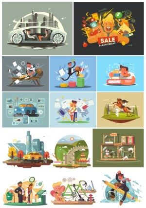 Various Lifestyle and Technology Illustrations Collection Free Vector