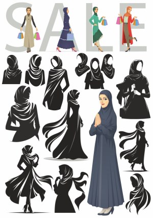 Collection of Muslim Women Wearing Hijabs and Shopping Free Vector