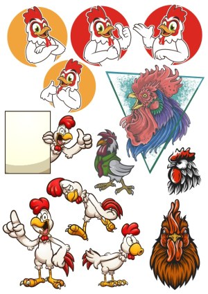 Collection of Rooster and Chicken Cartoon and Realistic Vector Illustrations Free Vector