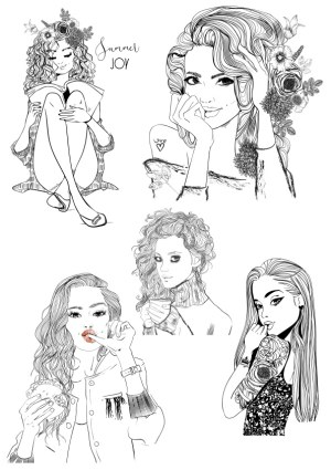 Hand-Drawn Portraits of Stylish Women with Floral and Tattoo Details Free Vector