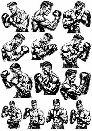 Set of Black and White Vector Illustrations of Boxing Fighters in Various Poses Free Vector