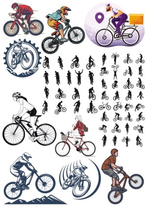 Vector Illustrations and Silhouettes of Cyclists in Various Riding Styles and Positions Free Vector