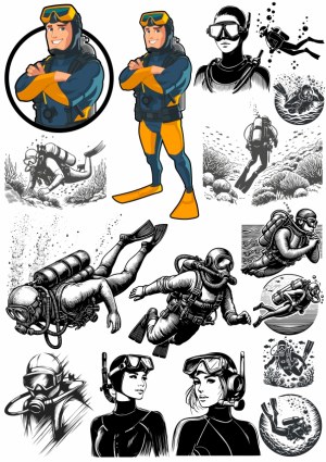 Diverse Scuba Diving and Diver Character Vector Illustrations Free Vector