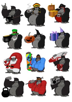 Gorilla Characters in Various Costumes and Activities Vector Set Free Vector