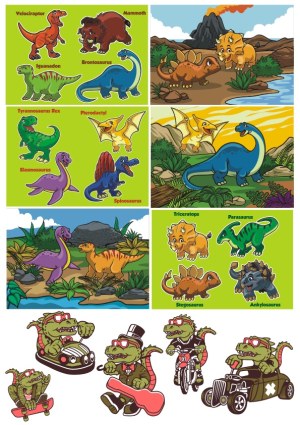 Cartoon Dinosaurs and Crocodiles in Various Poses and Scenes Free Vector
