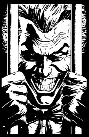 Black and White Illustration of a Maniacal Character Behind Bars Free Vector