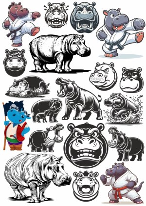 Collection of Hippo Illustrations and Hippo Karate Characters Free Vector