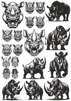 Black and White Rhino Head and Body Vector Illustrations Free Vector