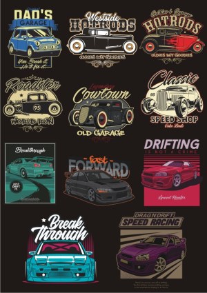 Collection of Classic and Modern Car Vector Designs for Garage and Racing Themes Free Vector