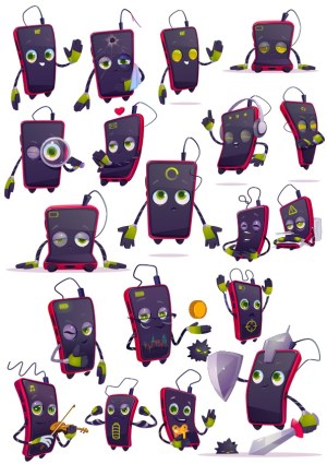 Cartoon Smartphone Characters in Various Poses and Expressions Free Vector