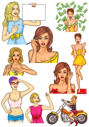 Set of Retro Style Women Illustrations with Various Expressions and Activities Free Vector