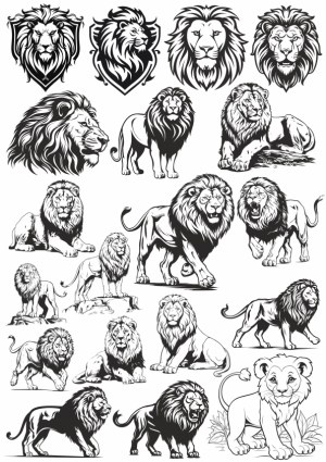 Collection of Black and White Lion Illustrations and Heraldic Lion Heads Free Vector