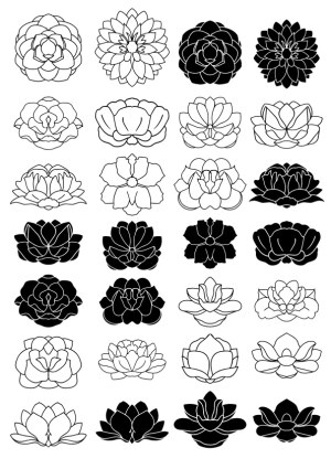 Set of Black and White Stylized Lotus Flower Vector Icons Free Vector