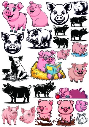 Collection of Cartoon Pig Illustrations and Silhouettes Free Vector