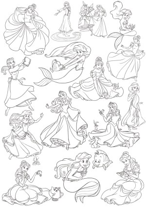 Outline Drawings of Classic Princess Characters in Various Poses Free Vector
