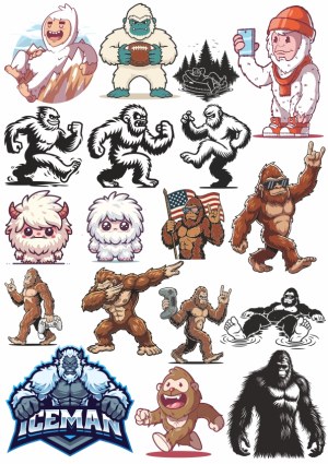 Collection of Yeti, Bigfoot, Sasquatch, and Ice Monster Cartoon and Mascot Illustrations Free Vector