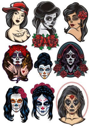 Set of Nine Female Sugar Skull Face Vector Portraits Free Vector