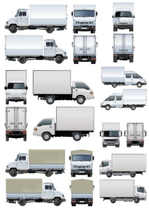 Vector Set of Delivery Trucks and Cargo Vans from Multiple Angles Free Vector