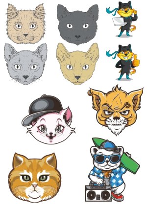 Set of Cat Head Vectors and Cat Cartoon Characters Free Vector