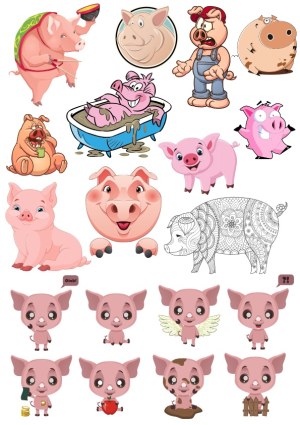 Collection of Various Cartoon Pig Characters and Poses Free Vector