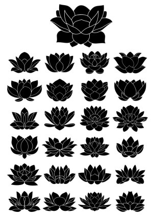 Set of 25 Black Silhouette Lotus Flower Vector Icons Free Vector