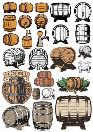 Collection of Vintage Wooden Beer and Wine Barrels with Taps Free Vector