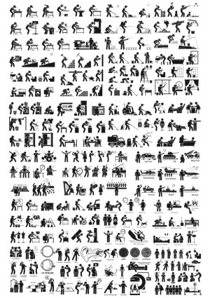 Comprehensive Set of Black and White Stick Figure Icons Depicting Various Activities and Jobs Free Vector