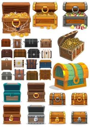 Collection of Illustrated Treasure Chests and Wooden Storage Boxes Free Vector