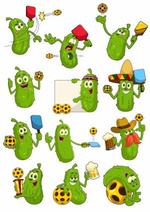 Funny Pickle Characters Playing Pickleball with Accessories Free Vector