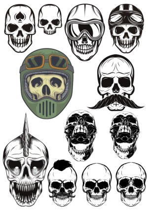 Collection of Skull Vector Illustrations with Various Helmets and Mustaches Free Vector
