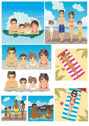 Happy Family Vacation at the Beach Vector Illustrations Free Vector