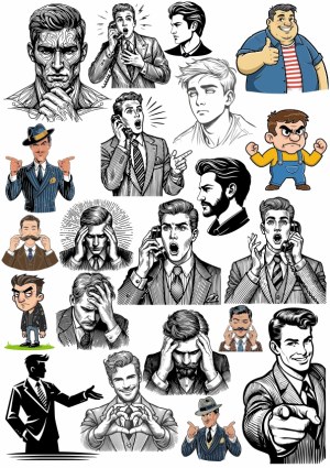 Vintage and Modern Male Character Expressions and Gestures Vector Set Free Vector