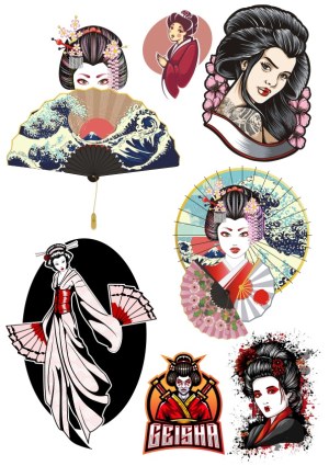 Set of Vector Illustrations Featuring Geisha Women and Traditional Japanese Elements Free Vector