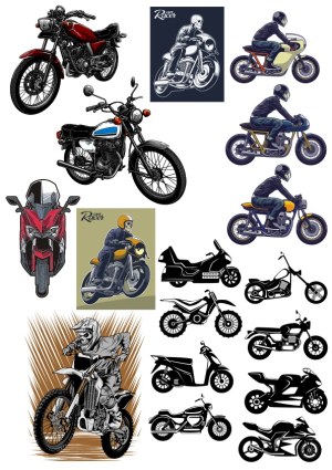 Variety of Detailed and Silhouette Motorcycle Vector Illustrations Free Vector